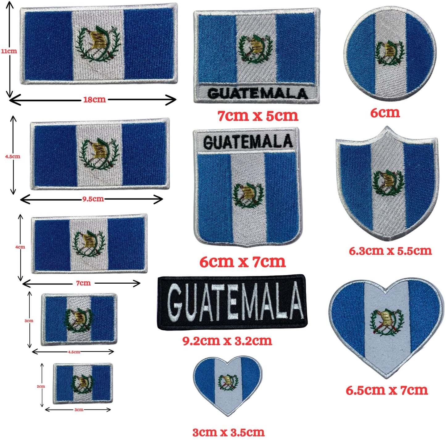 Guatemala Flag Embroidered Patch Set, Iron-On or Sew-On Applique Badges, Rectangle Shield Round Heart Shapes, for Jackets, Backpacks, Hats, Uniforms and Various Sizes