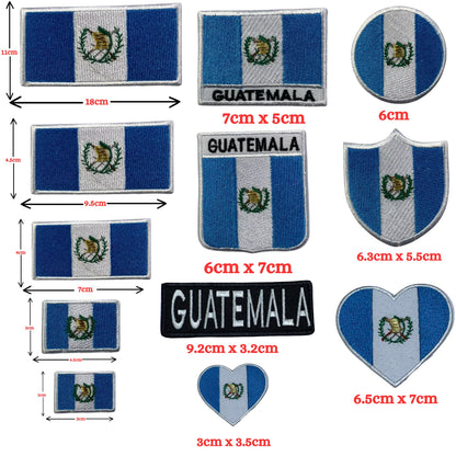 Guatemala Flag Embroidered Patch Set, Iron-On or Sew-On Applique Badges, Rectangle Shield Round Heart Shapes, for Jackets, Backpacks, Hats, Uniforms and Various Sizes