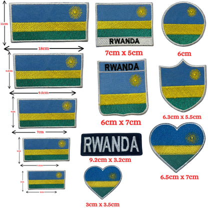 Rwanda Flag Embroidered Patch Set, Iron-On or Sew-On Applique Badges, Rectangle Shield Round Heart Shapes, for Jackets, Backpacks, Hats, Uniforms and Various Sizes