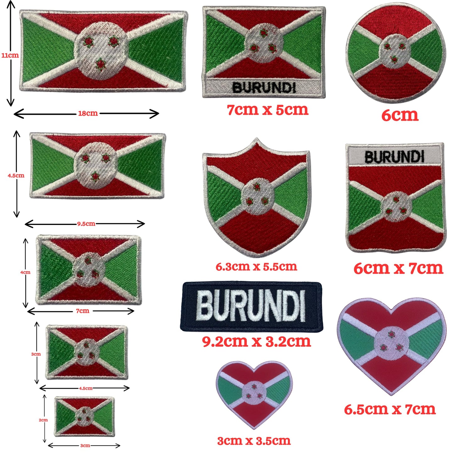 Burundi Flag Embroidered Patch Set, Iron-On or Sew-On Applique Badges, Rectangle Shield Round Heart Shapes, for Jackets, Backpacks, Hats, Uniforms and Various Sizes