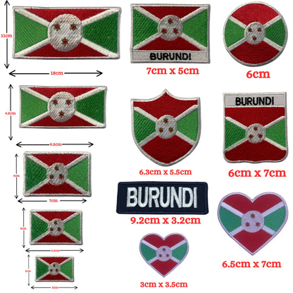 Burundi Flag Embroidered Patch Set, Iron-On or Sew-On Applique Badges, Rectangle Shield Round Heart Shapes, for Jackets, Backpacks, Hats, Uniforms and Various Sizes