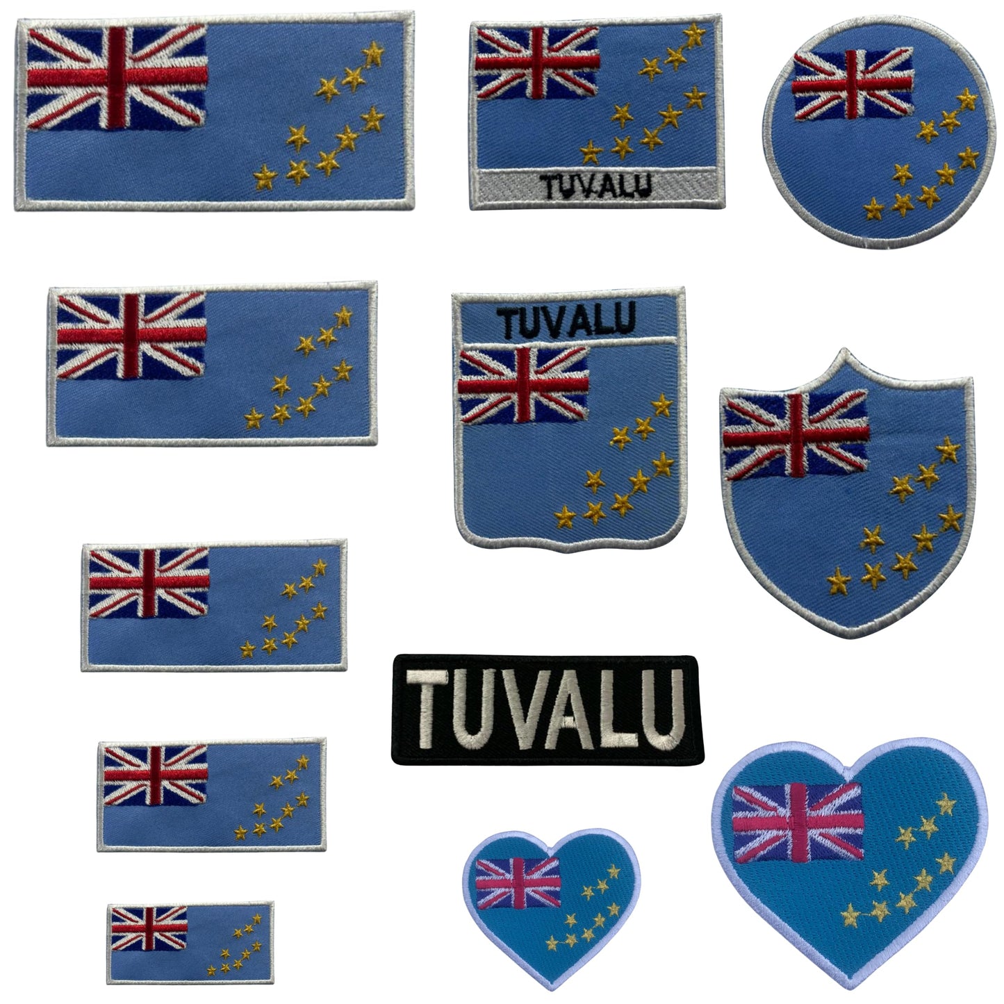 Tuvalu Flag Embroidered Patch Set, Iron-On or Sew-On Applique Badges, Rectangle Shield Round Heart Shapes, for Jackets, Backpacks, Hats, Uniforms and Various Sizes