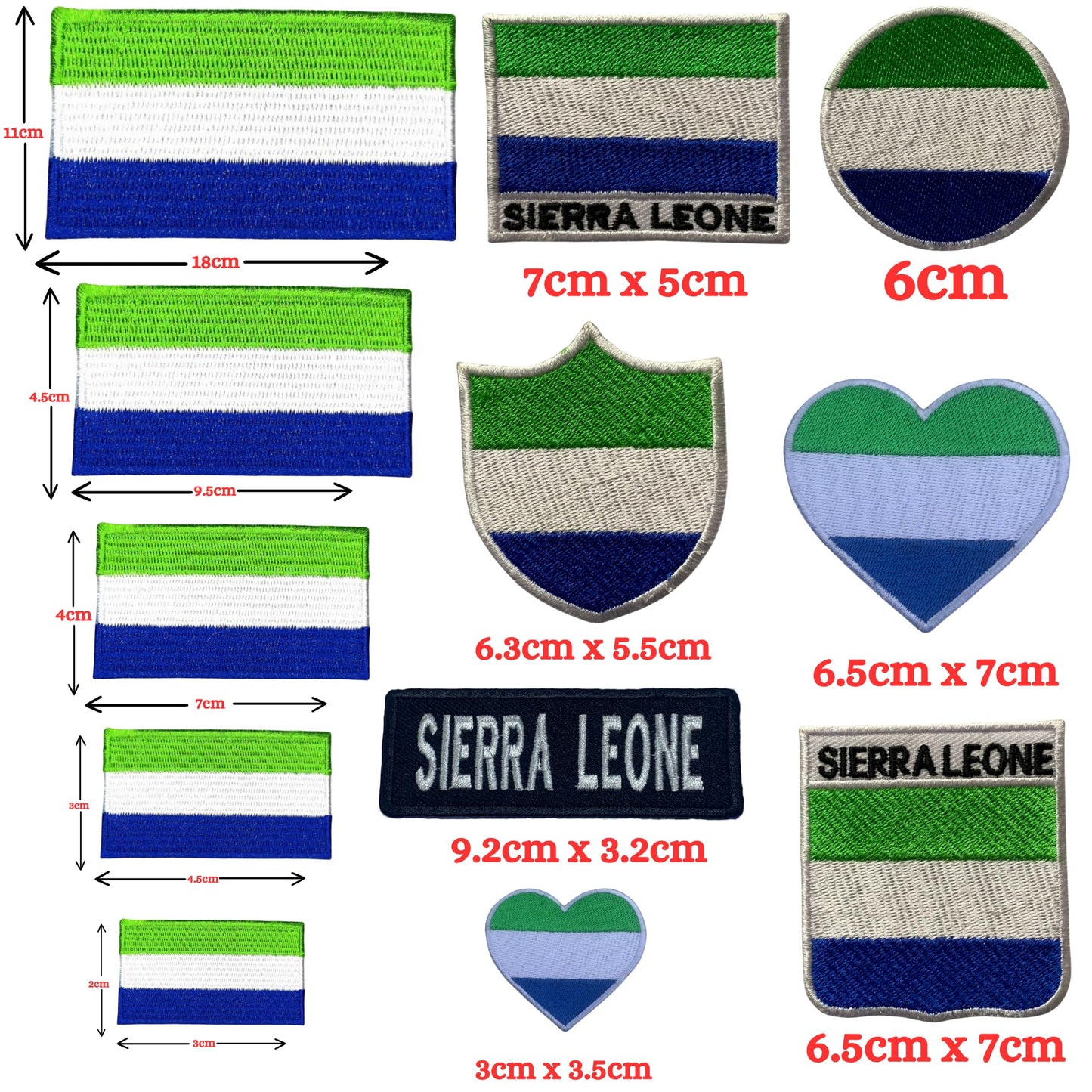 Sierra Leone Flag Embroidered Patch Set, Iron-On or Sew-On Applique Badges, Rectangle Shield Round Heart Shapes, for Jackets, Backpacks, Hats, Uniforms and Various Sizes