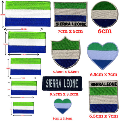 Sierra Leone Flag Embroidered Patch Set, Iron-On or Sew-On Applique Badges, Rectangle Shield Round Heart Shapes, for Jackets, Backpacks, Hats, Uniforms and Various Sizes