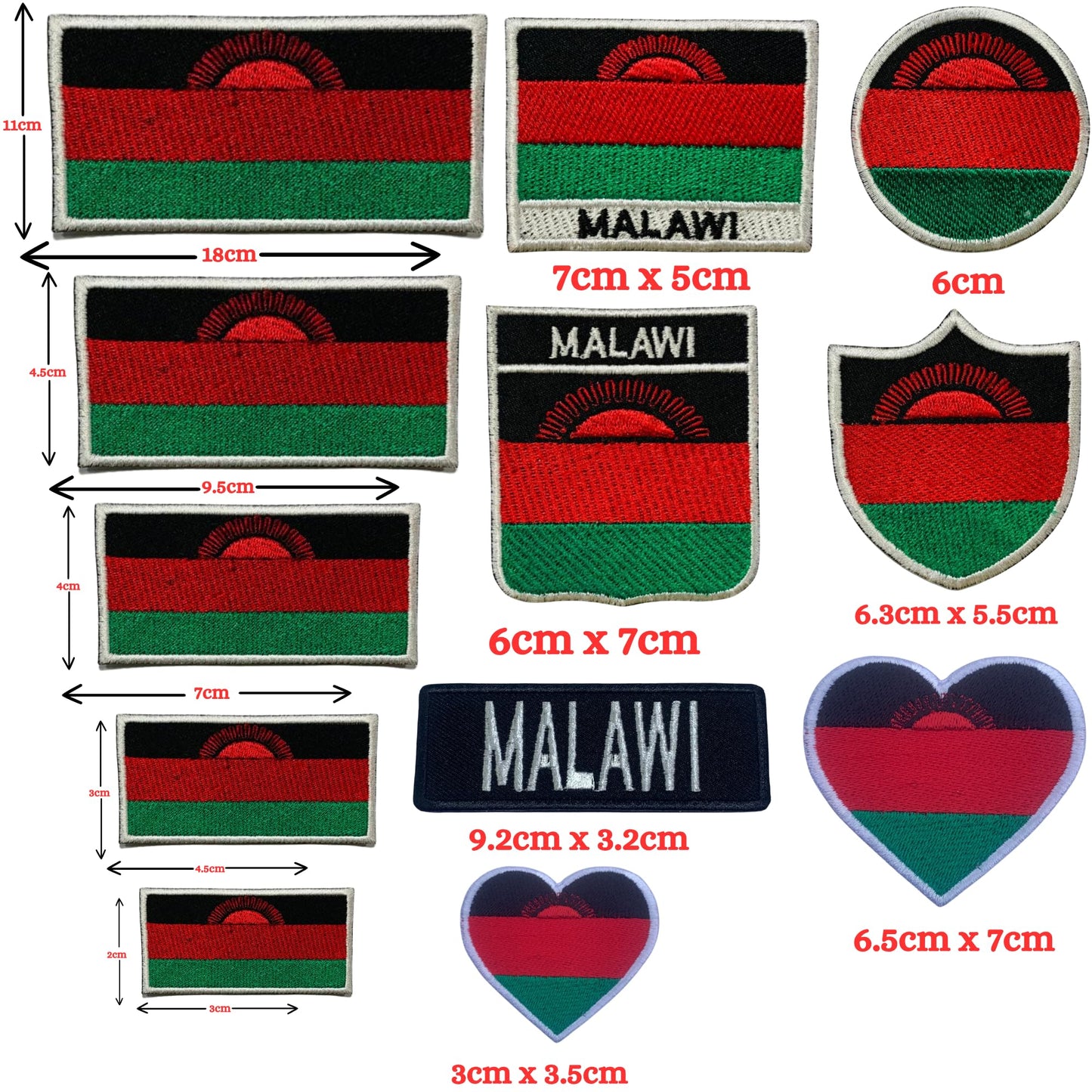 Malawi Flag Embroidered Patch Set, Iron-On or Sew-On Applique Badges, Rectangle Shield Round Heart Shapes, for Jackets, Backpacks, Hats, Uniforms and Various Sizes