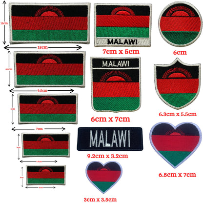 Malawi Flag Embroidered Patch Set, Iron-On or Sew-On Applique Badges, Rectangle Shield Round Heart Shapes, for Jackets, Backpacks, Hats, Uniforms and Various Sizes
