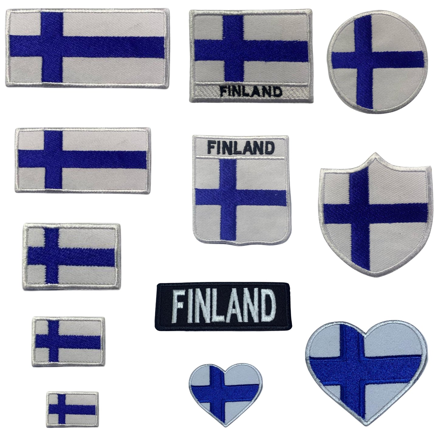 Finland Flag Embroidered Patch Set, Iron-On or Sew-On Applique Badges, Rectangle Shield Round Heart Shapes, for Jackets, Backpacks, Hats, Uniforms and Various Sizes