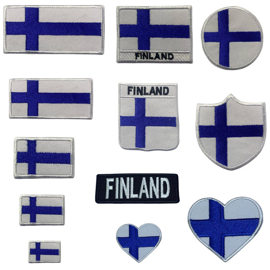 Finland Flag Embroidered Patch Set, Iron-On or Sew-On Applique Badges, Rectangle Shield Round Heart Shapes, for Jackets, Backpacks, Hats, Uniforms and Various Sizes