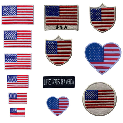 USA Flag Embroidered Patches, Iron-On/Sew-On Applique, Shield, Round, Heart and Rectangle Flag Badges for Jackets, Bags, Uniforms, Various Sizes