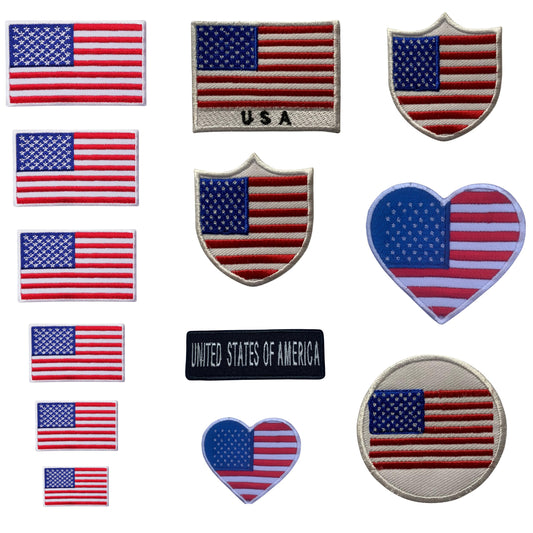 USA Flag Embroidered Patches, Iron-On/Sew-On Applique, Shield, Round, Heart and Rectangle Flag Badges for Jackets, Bags, Uniforms, Various Sizes
