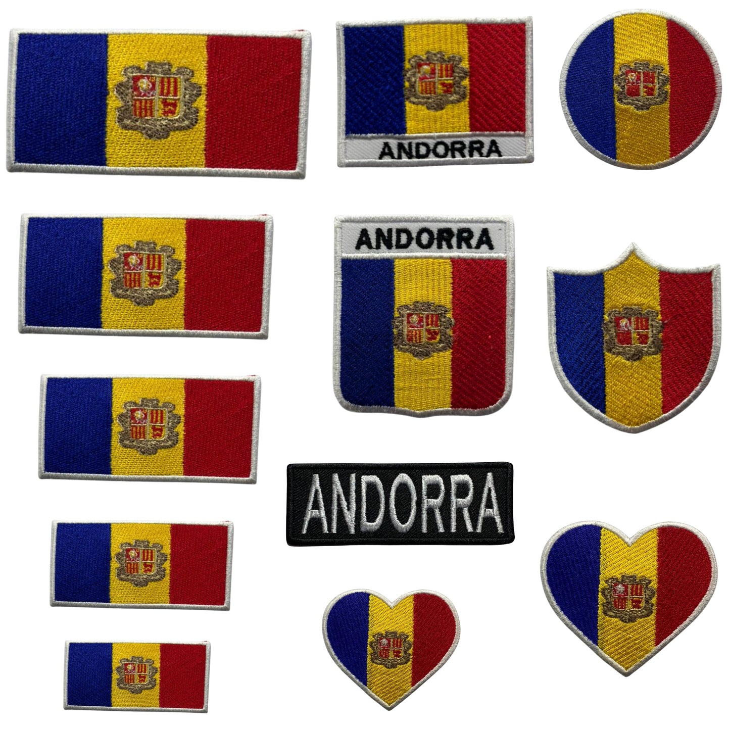 Andorra Flag Embroidered Patches, Iron-On/Sew-On Applique, Shield, Round, Heart and Rectangle Flag Badges for Jackets, Bags, Uniforms, Various Sizes