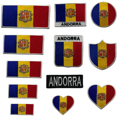 Andorra Flag Embroidered Patches, Iron-On/Sew-On Applique, Shield, Round, Heart and Rectangle Flag Badges for Jackets, Bags, Uniforms, Various Sizes