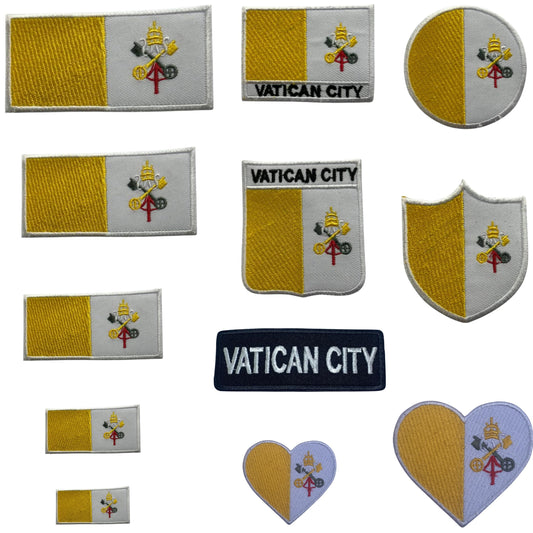Vatican City Flag Embroidered Patch Set, Iron-On or Sew-On Applique Badges, Rectangle Shield Round Heart Shapes, for Jackets, Backpacks, Hats, Uniforms and Various Sizes