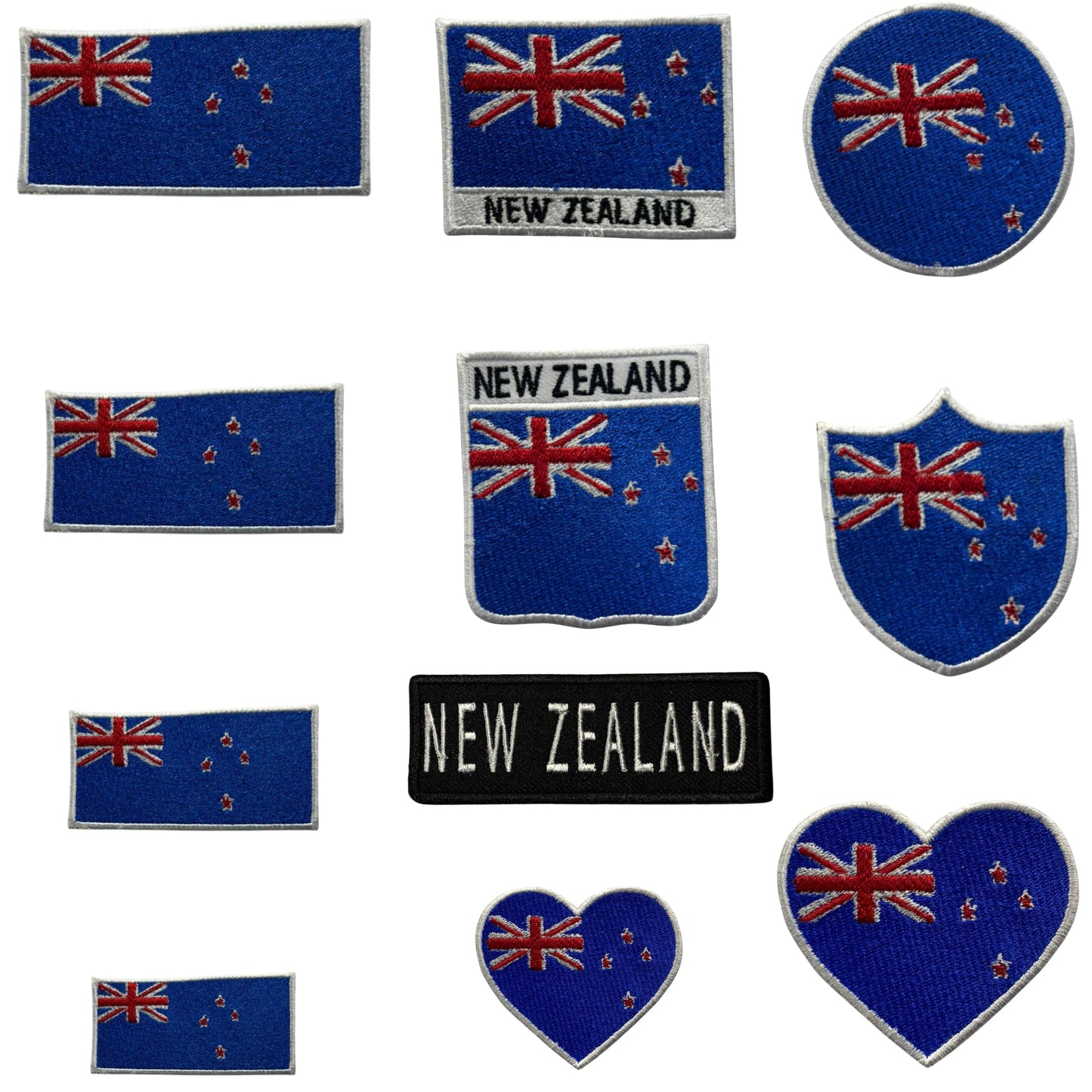 New Zealand Flag Embroidered Patch Set, Iron-On or Sew-On Applique Badges, Rectangle Shield Round Heart Shapes, for Jackets, Backpacks, Hats, Uniforms and Various Sizes
