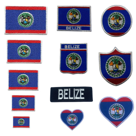 Belize Flag Embroidered Patches, Iron-On/Sew-On Applique, Shield, Round, Heart and Rectangle Flag Badges for Jackets, Bags, Uniforms, Various Sizes