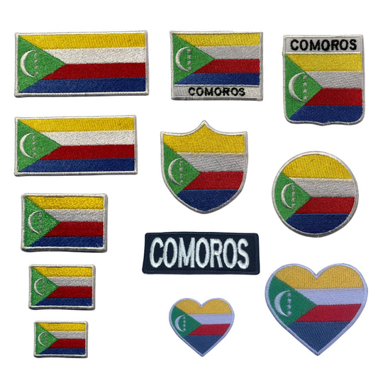 Comoros Flag Embroidered Patch Set, Iron-On or Sew-On Applique Badges, Rectangle Shield Round Heart Shapes, for Jackets, Backpacks, Hats, Uniforms and Various Sizes