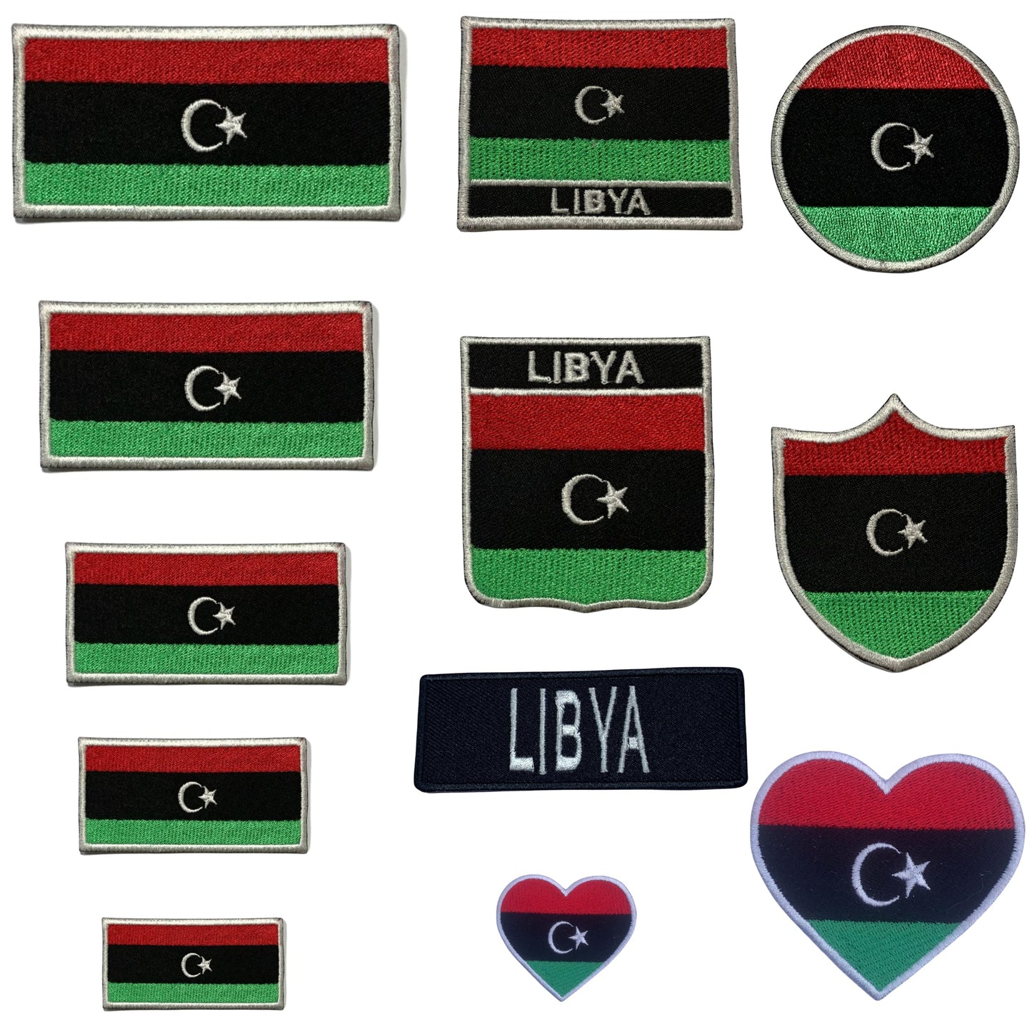 Libya Flag Embroidered Patch Set, Iron-On or Sew-On Applique Badges, Rectangle Shield Round Heart Shapes, for Jackets, Backpacks, Hats, Uniforms and Various Sizes