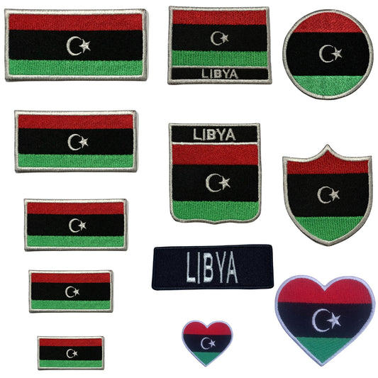 Libya Flag Embroidered Patch Set, Iron-On or Sew-On Applique Badges, Rectangle Shield Round Heart Shapes, for Jackets, Backpacks, Hats, Uniforms and Various Sizes