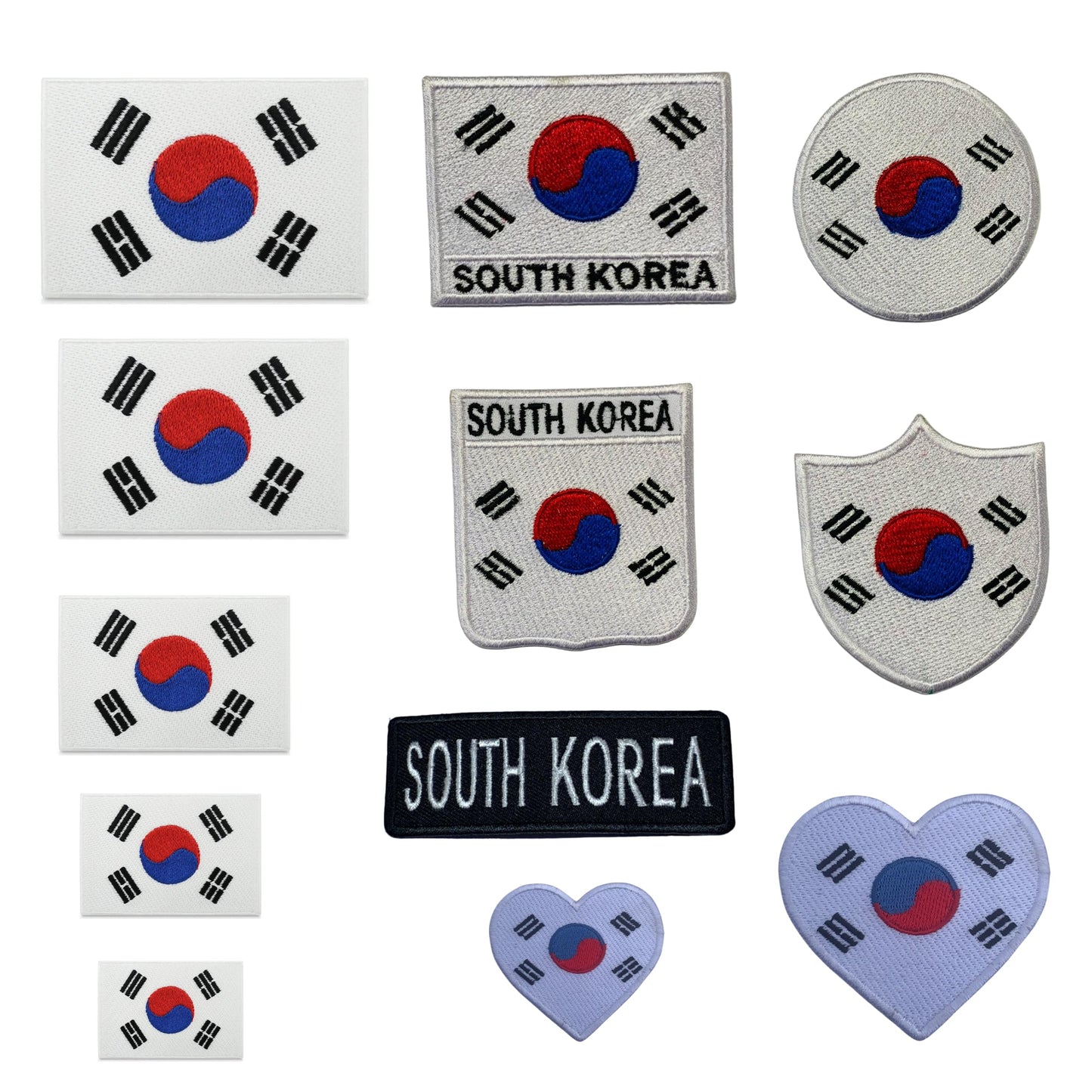 South Korea Flag Embroidered Patches, Iron-On/Sew-On Applique, Shield, Round, Heart and Rectangle Flag Badges for Jackets, Bags, Uniforms, Various Sizes