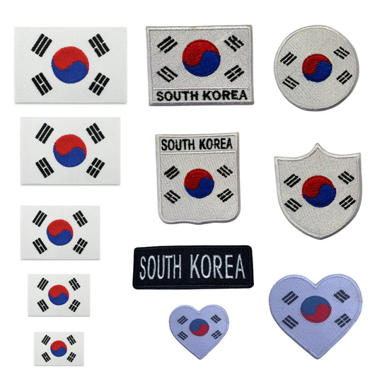 South Korea Flag Embroidered Patches, Iron-On/Sew-On Applique, Shield, Round, Heart and Rectangle Flag Badges for Jackets, Bags, Uniforms, Various Sizes