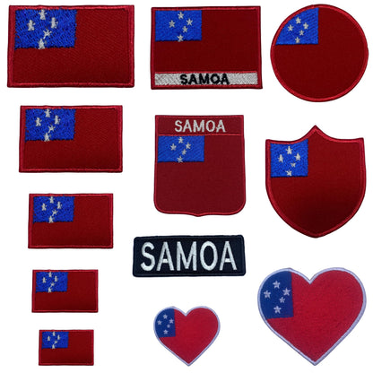 Samoa Flag Embroidered Patch Set, Iron-On or Sew-On Applique Badges, Rectangle Shield Round Heart Shapes, for Jackets, Backpacks, Hats, Uniforms and Various Sizes
