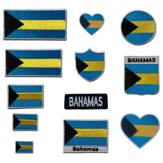 Bahamas Flag Embroidered Patches, Iron-On/Sew-On Applique, Shield, Round, Heart and Rectangle Flag Badges for Jackets, Bags, Uniforms, Various Sizes