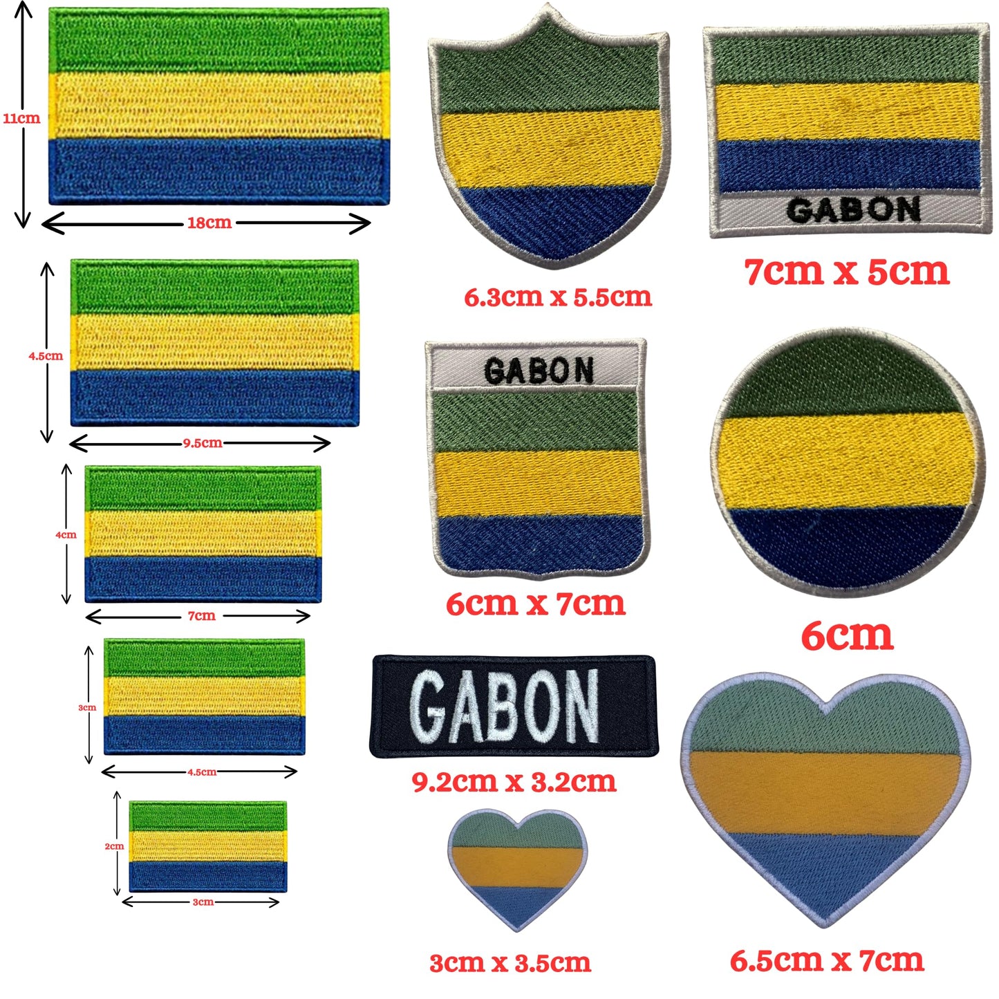 Gabon Flag Embroidered Patch Set, Iron-On or Sew-On Applique Badges, Rectangle Shield Round Heart Shapes, for Jackets, Backpacks, Hats, Uniforms and Various Sizes