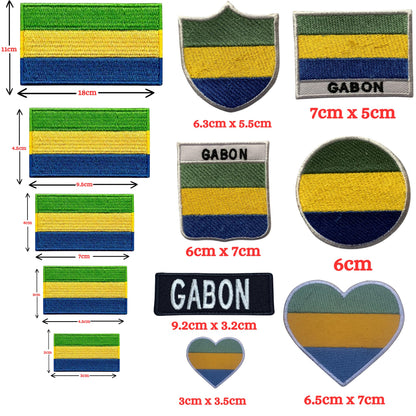 Gabon Flag Embroidered Patch Set, Iron-On or Sew-On Applique Badges, Rectangle Shield Round Heart Shapes, for Jackets, Backpacks, Hats, Uniforms and Various Sizes