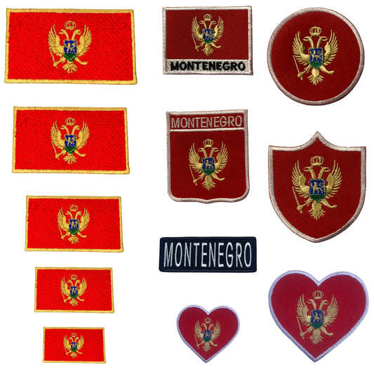 Montenegro Flag Embroidered Patch Set, Iron-On or Sew-On Applique Badges, Rectangle Shield Round Heart Shapes, for Jackets, Backpacks, Hats, Uniforms and Various Sizes