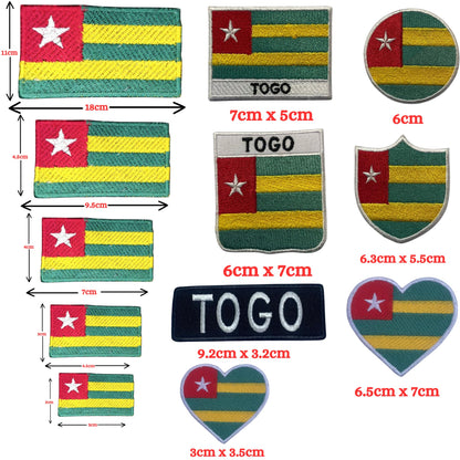 Togo Flag Embroidered Patch Set, Iron-On or Sew-On Applique Badges, Rectangle Shield Round Heart Shapes, for Jackets, Backpacks, Hats, Uniforms and Various Sizes