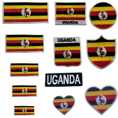 Uganda Flag Embroidered Patch Set, Iron-On or Sew-On Applique Badges, Rectangle Shield Round Heart Shapes, for Jackets, Backpacks, Hats, Uniforms and Various Sizes