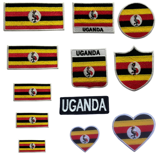 Uganda Flag Embroidered Patch Set, Iron-On or Sew-On Applique Badges, Rectangle Shield Round Heart Shapes, for Jackets, Backpacks, Hats, Uniforms and Various Sizes