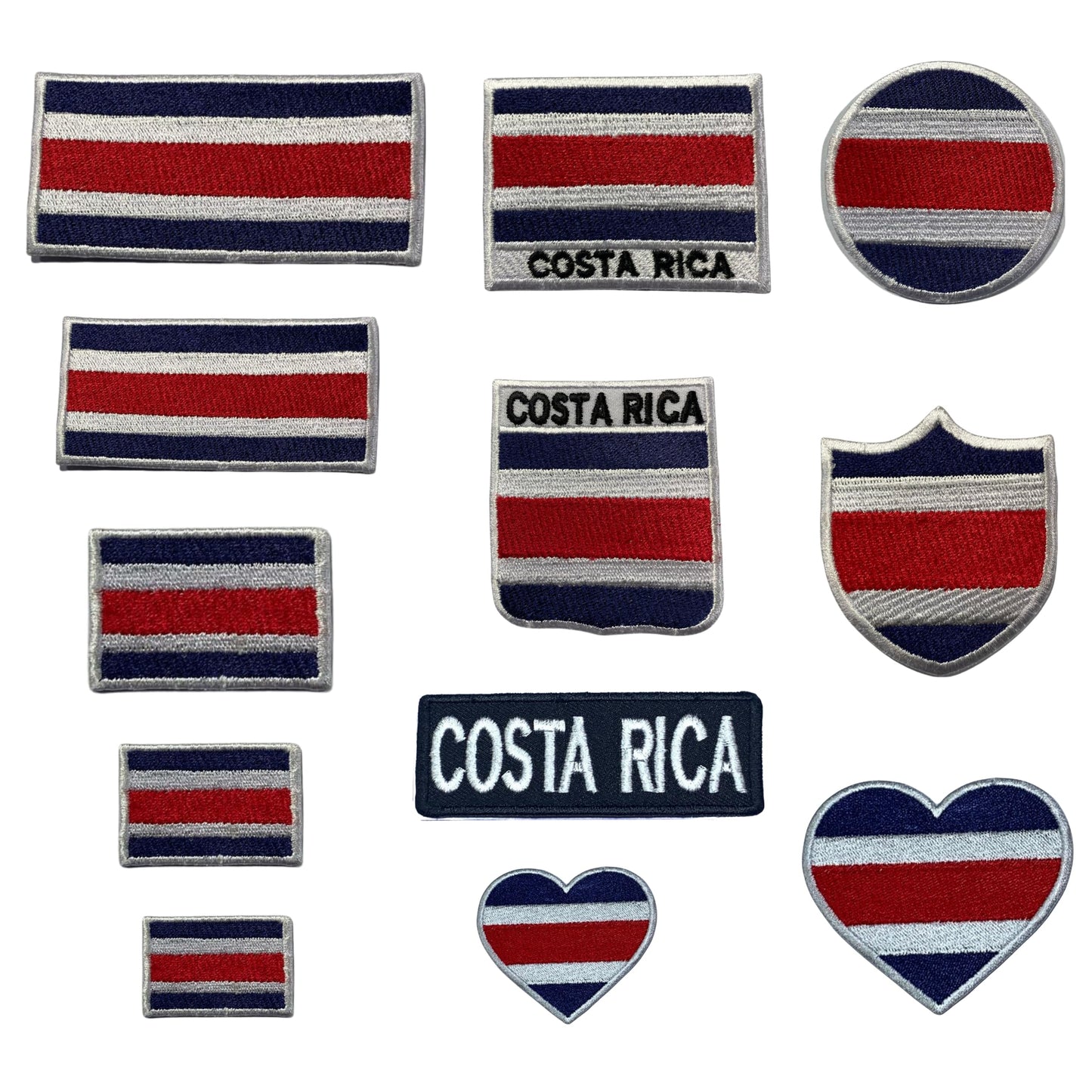 Costa Rica Flag Embroidered Patch Set, Iron-On or Sew-On Applique Badges, Rectangle Shield Round Heart Shapes, for Jackets, Backpacks, Hats, Uniforms and Various Sizes