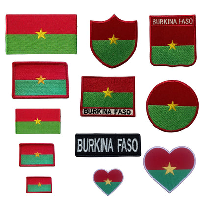 Burkina Faso Flag Embroidered Patch Set, Iron-On or Sew-On Applique Badges, Rectangle Shield Round Heart Shapes, for Jackets, Backpacks, Hats, Uniforms and Various Sizes
