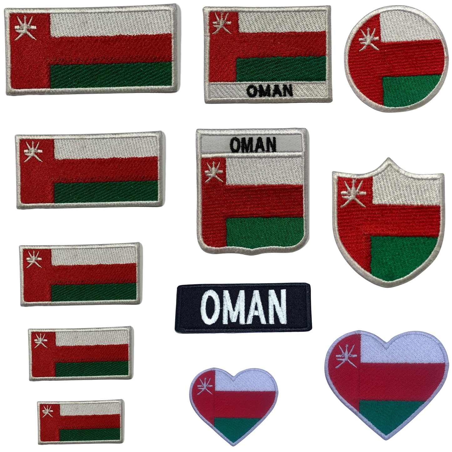 Oman Flag Embroidered Patch Set, Iron-On or Sew-On Applique Badges, Rectangle Shield Round Heart Shapes, for Jackets, Backpacks, Hats, Uniforms and Various Sizes