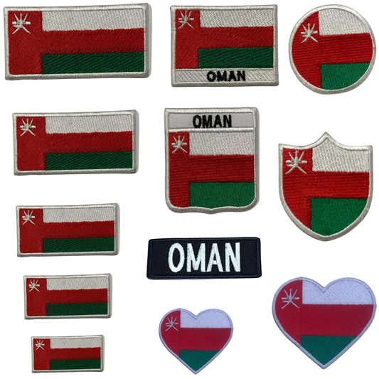Oman Flag Embroidered Patch Set, Iron-On or Sew-On Applique Badges, Rectangle Shield Round Heart Shapes, for Jackets, Backpacks, Hats, Uniforms and Various Sizes