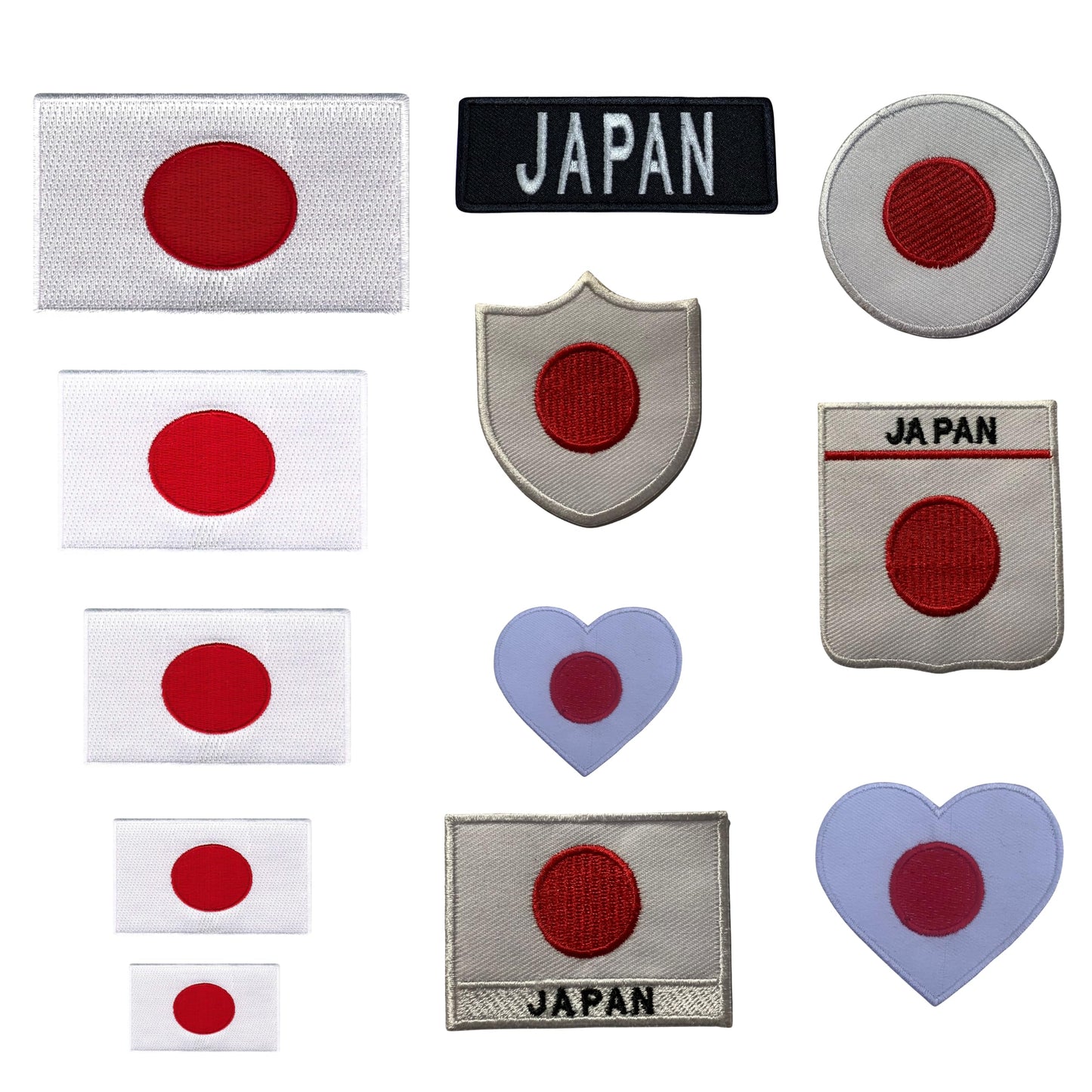Japan Flag Embroidered Patches, Iron-On/Sew-On Applique, Shield, Round, Heart and Rectangle Flag Badges for Jackets, Bags, Uniforms, Various Sizes