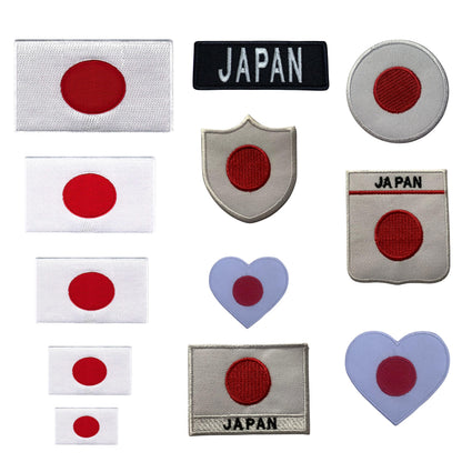 Japan Flag Embroidered Patches, Iron-On/Sew-On Applique, Shield, Round, Heart and Rectangle Flag Badges for Jackets, Bags, Uniforms, Various Sizes