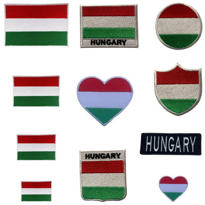 Hungary Flag Embroidered Patch Set, Iron-On or Sew-On Applique Badges, Rectangle Shield Round Heart Shapes, for Jackets, Backpacks, Hats, Uniforms and Various Sizes