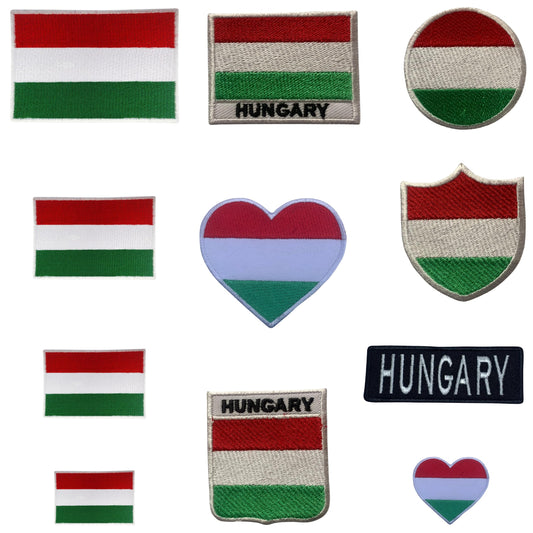 Hungary Flag Embroidered Patch Set, Iron-On or Sew-On Applique Badges, Rectangle Shield Round Heart Shapes, for Jackets, Backpacks, Hats, Uniforms and Various Sizes