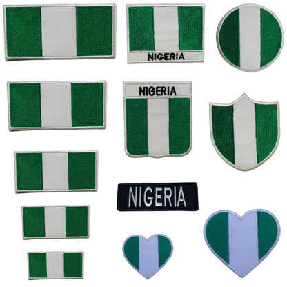 Nigeria Flag Embroidered Patch Set, Iron-On or Sew-On Applique Badges, Rectangle Shield Round Heart Shapes, for Jackets, Backpacks, Hats, Uniforms and Various Sizes