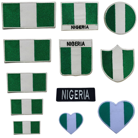 Nigeria Flag Embroidered Patch Set, Iron-On or Sew-On Applique Badges, Rectangle Shield Round Heart Shapes, for Jackets, Backpacks, Hats, Uniforms and Various Sizes