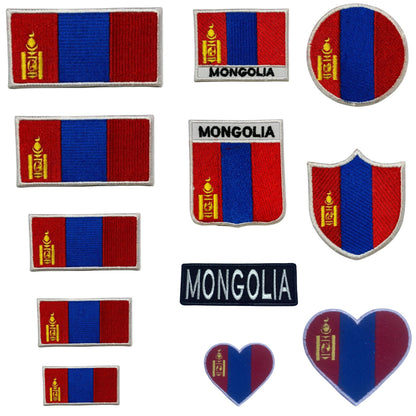Mongolia Flag Embroidered Patch Set, Iron-On or Sew-On Applique Badges, Rectangle Shield Round Heart Shapes, for Jackets, Backpacks, Hats, Uniforms and Various Sizes
