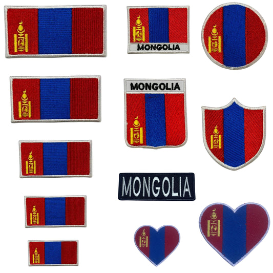 Mongolia Flag Embroidered Patch Set, Iron-On or Sew-On Applique Badges, Rectangle Shield Round Heart Shapes, for Jackets, Backpacks, Hats, Uniforms and Various Sizes