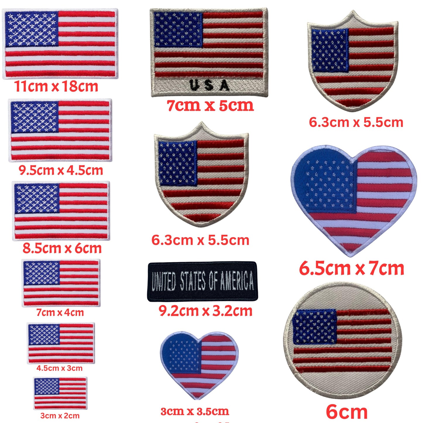 USA Flag Embroidered Patches, Iron-On/Sew-On Applique, Shield, Round, Heart and Rectangle Flag Badges for Jackets, Bags, Uniforms, Various Sizes