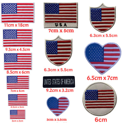 USA Flag Embroidered Patches, Iron-On/Sew-On Applique, Shield, Round, Heart and Rectangle Flag Badges for Jackets, Bags, Uniforms, Various Sizes