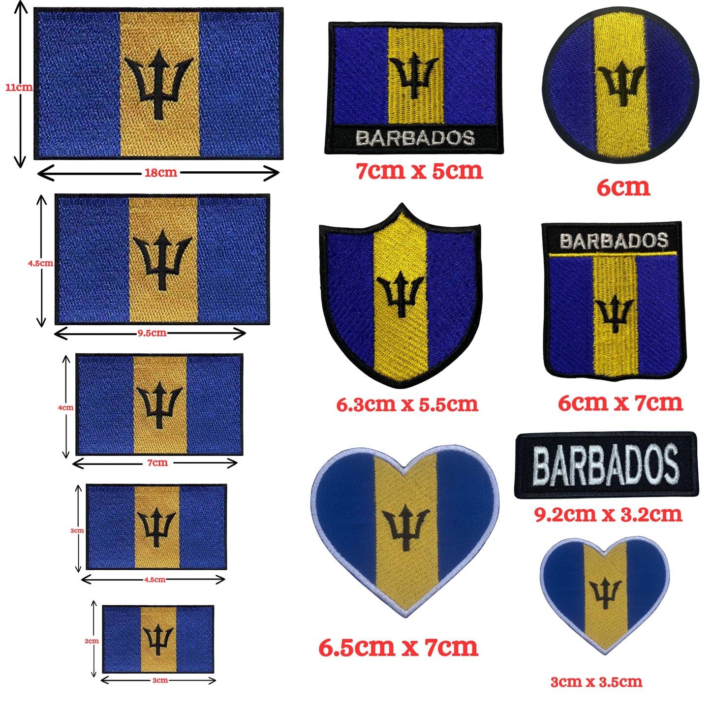 Barbados Flag Embroidered Patches, Iron-On/Sew-On Applique, Shield, Round, Heart and Rectangle Flag Badges for Jackets, Bags, Uniforms, Various Sizes