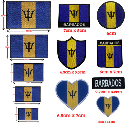 Barbados Flag Embroidered Patches, Iron-On/Sew-On Applique, Shield, Round, Heart and Rectangle Flag Badges for Jackets, Bags, Uniforms, Various Sizes