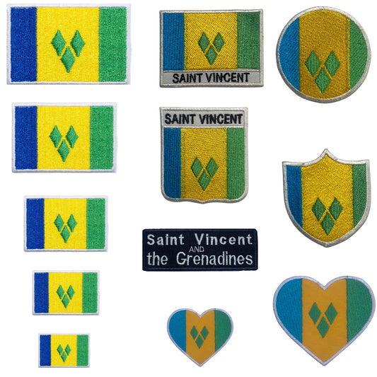 Saint Vincent Flag Embroidered Patch Set, Iron-On or Sew-On Applique Badges, Rectangle Shield Round Heart Shapes, for Jackets, Backpacks, Hats, Uniforms and Various Sizes