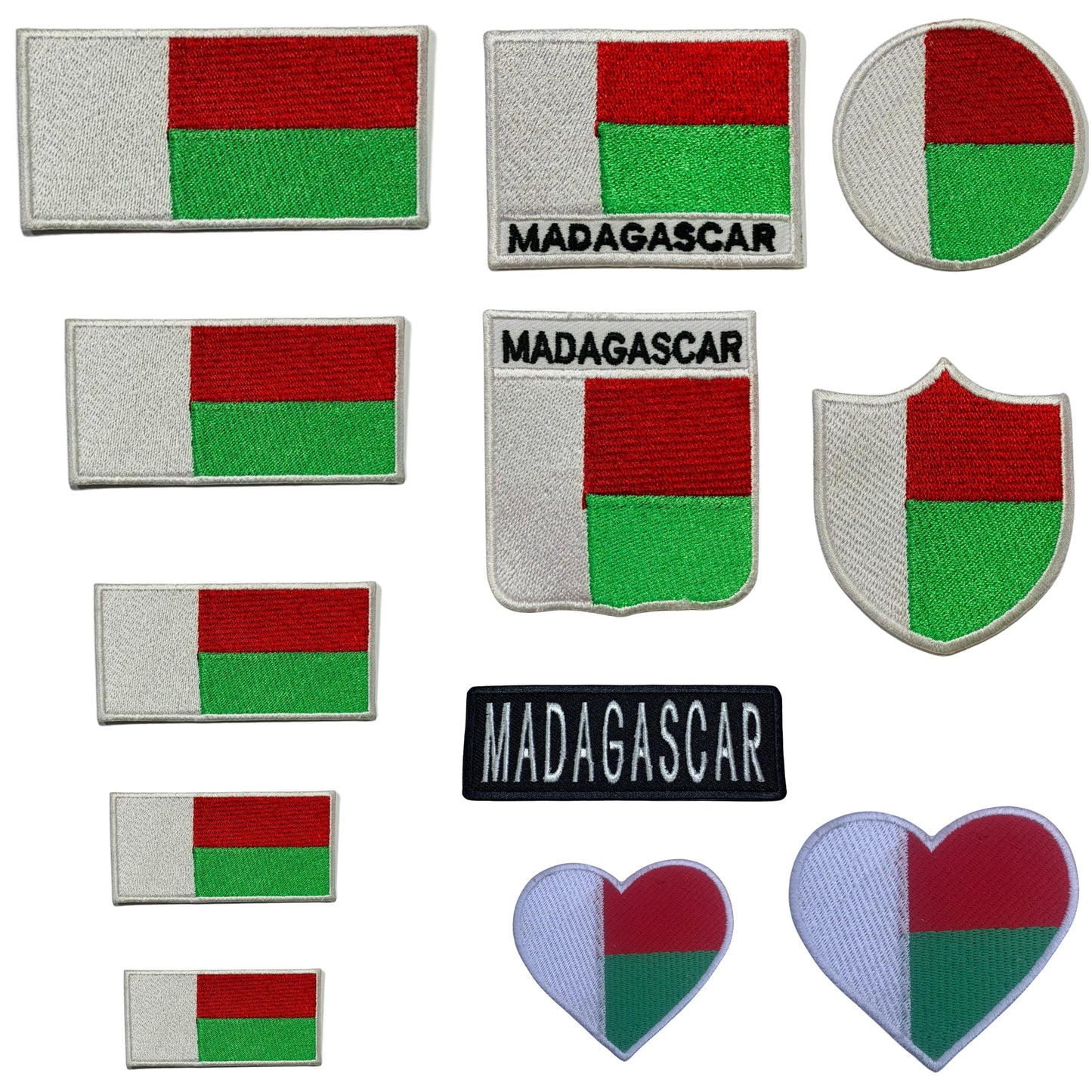 Madagascar Flag Embroidered Patch Set, Iron-On or Sew-On Applique Badges, Rectangle Shield Round Heart Shapes, for Jackets, Backpacks, Hats, Uniforms and Various Sizes